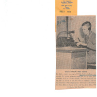 Photograph of Bob Ballou at the KFJC broadcast desk preparing for an open house this evening at the station at Foothill College in mountain View.  