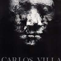 Poster with close-up of rough-textured Carlos Villa plaster face mask with feathers.