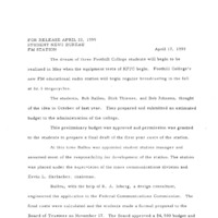 Press release announcing equipment tests for new station KFJC in May.  The release notes the advocacy of Bob Ballou to get Board support for the station and also Ballou's application to the FCC with help from R.A. Isberg.
