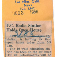 News article announcing that KFJC is holding its first open house this evening from 5:00 - 9:00.