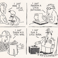 Four-panel cartoon, each with a worker who 'just' plays a small role in making missiles.
