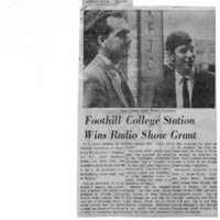 News article announcing that KFJC has won the $1,000 top prize from the National Association of Educational Broadcasters for its 13-part series "Age of Thunder", created by Brian Conway. Photograph of Brian Conway and station manager Ken Clark. 