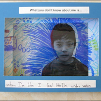 Art with child's face, blue background, and words 'when I'm blue I feel like I'm under water.'