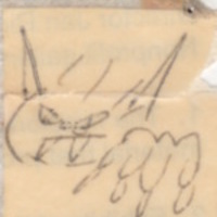 Jennifer Small, untitled, c. 1990. Tiny rapid ink drawing on scrap paper, less than 1-inch-square. 