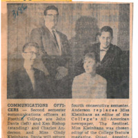 Photograph of Foothill's spring semester communications officers: John Davis, KFJC station manager, Ken Bishop, General and Athletic News, Charles Anderson, Foothill Sentinel editor, and Cindy Kleinhans, Quasi magazine editor.