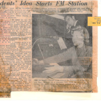 News article announcing that KFJC will begin broadcasting from its new location on the Los Altos Hills campus about November 27. The article notes faculty member Fred Critchfield's vision of the station as part of a basic broadcasting curriculum. Student station manager Vic Biondi notes that KFJC will play only "middle-of-the-road" music such as Broadway show tunes, contemporary jazz and folk music. Photograph of students Ron Bucholtz and Nancy Wassner at the broadcast desk.