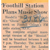 News article reporting that KFJC will broadcast Handel's "Messiah" and Vivaldi's "Gloria" as well as Christmas greetings from college administrators and student body officers before going on break for the school holidays. 