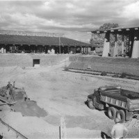 The bottom of the Foothill College swimming pool is being smoothed in preparation for the steel reinforcements.