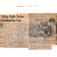 News article announces that KFJC will be broadcasting soon. Article notes that the station will broadcast from the basement of Foothill College in Mountain View. Trustees had considered waiting to begin broadcasting until the station could be installed at the new Foothill campus in Los Altos Hills but station manager Bob Ballou convinced them to reconsider. Photograph of student Charles Henderson at the broadcast desk.