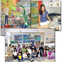 Composite of three photos: a student artwork, a student with her art , and a classroom of students in front of their paintings.
