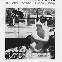Cover of book entitled 'Art Collectors.' Photo of well-to-do Silicon Valley home with small abstract sculpture inside on table and large snail sculpture outside the window by the pool.