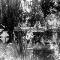 Two bicyclists stop to enjoy the tranquil beauty of the Griffin fish pond and half moon bridge. Date of photo unknown.