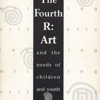 Cover of book entitled 'The Fourth R' has graphic design with light gray spirals and small spaced out letters of 'reading,' 'writing,' and 'arithmetic.'